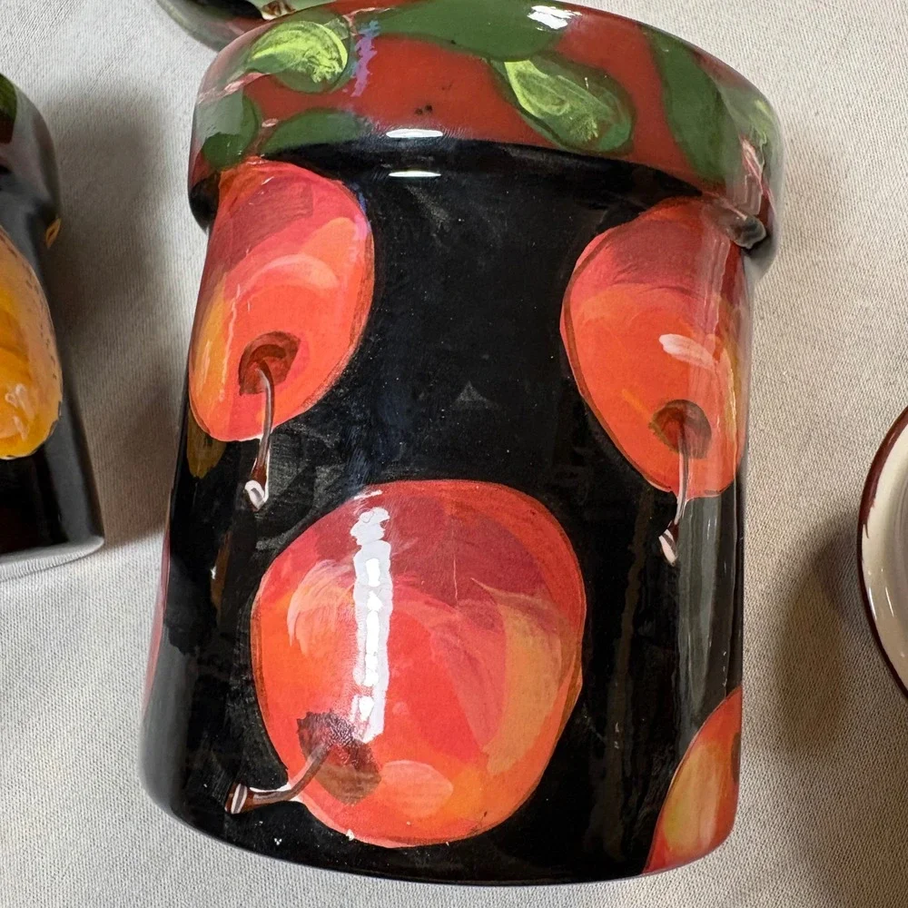 Droll Designs Hand Painted Ceramic Fruit Canister Set 3pc Cottage core Dark
